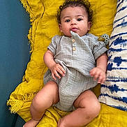 Mivia a rejoint le concours — aidez-le/la à gagner de superbes lots ! baby, infant, child, curly_hair, gray_outfit, yellow_blanket, blue_pillow, cushion, indoor, relaxed, lying_down, cute, soft_fabric, skin, hand, foot, expression, cozy, home, portrait
