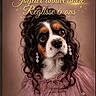 dog, portrait, costume, dress, earrings, curly_hair, brown_background, close_up, celebration, birthday, text_overlay, cute, pet, animal, fancy, pink, lace, studio_photo, adorable, festive