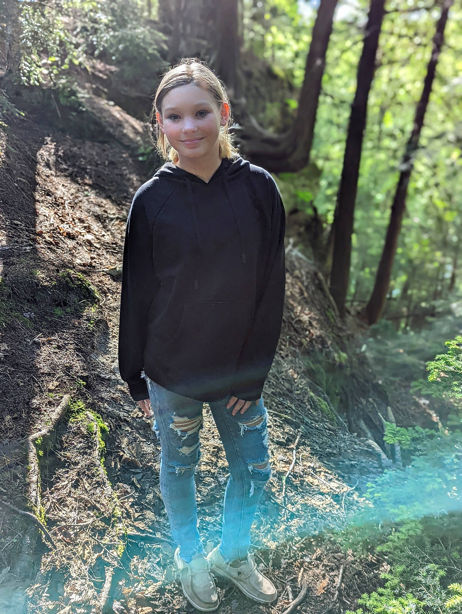Brenna joined the competition — help win amazing prizes! blond, boot, branch, brown_hair, denim, electric_blue, eyewear, flash_photography, forest, fun, grass, hairstyle, happy, joy, long_hair, outerwear, people_in_nature, person, plant, tree