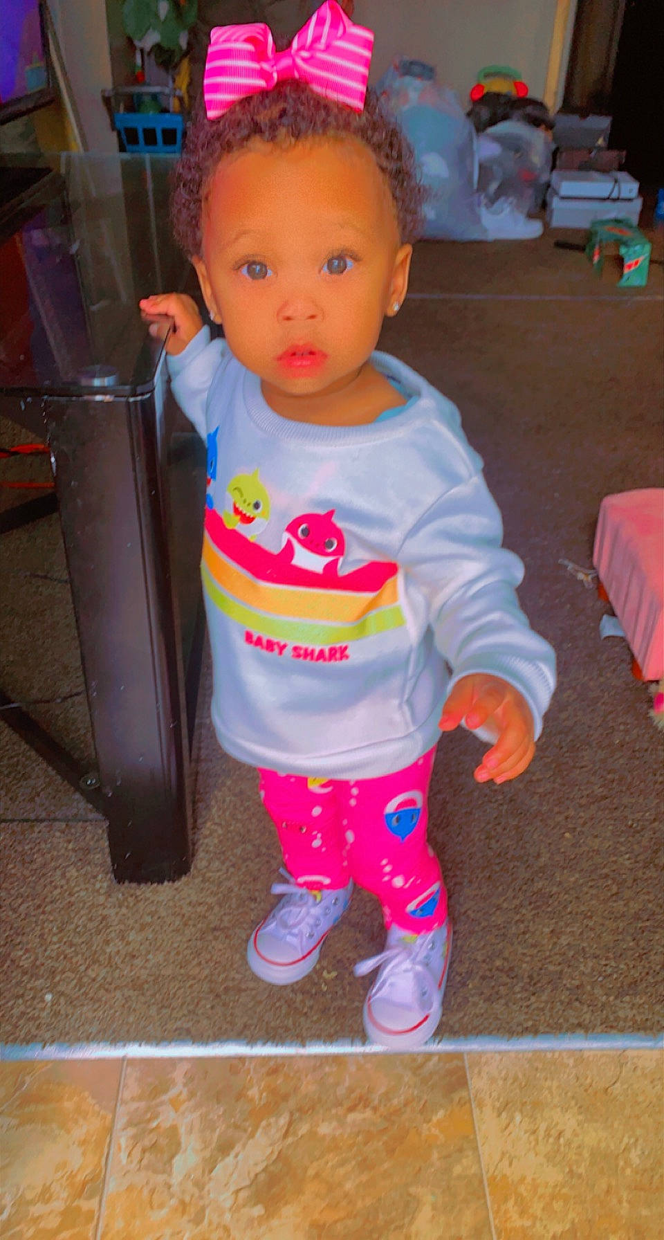 Jhene joined the competition — help win amazing prizes! baby, baby_toddler_clothing, cheek, child, eye, floor, flooring, fun, gas, hairstyle, head, magenta, person, pink, skin, sleeve, sock, standing, toddler, waste_container