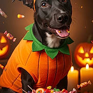Finn And Cinnamon is registered to the contest to win money with this photo: animal, black_dog, candies, candies_flying, celebration, costume, cute, dog, festive, green, halloween, holiday, indoors, jack_o_lantern, orange, pet, portrait, pumpkin_costume, smiling, tongue_out