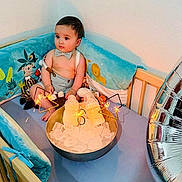Viaansh participe au concours pour gagner de l'argent avec cette photo : baby, child, crib, bottle, ice, sparkler, bow_tie, suspenders, cushion, animal_print, balloon, celebration, indoor, wooden_crib, soft_toys, festive, party, infant, cute, decor
