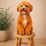 dog, curly_fur, orange_dog, stool, wooden_stool, indoor, plant, potted_plant, green_leaves, tongue_out, pet, cute, fluffy, animal, sitting, portrait, neutral_background, cozy, fur, adorable