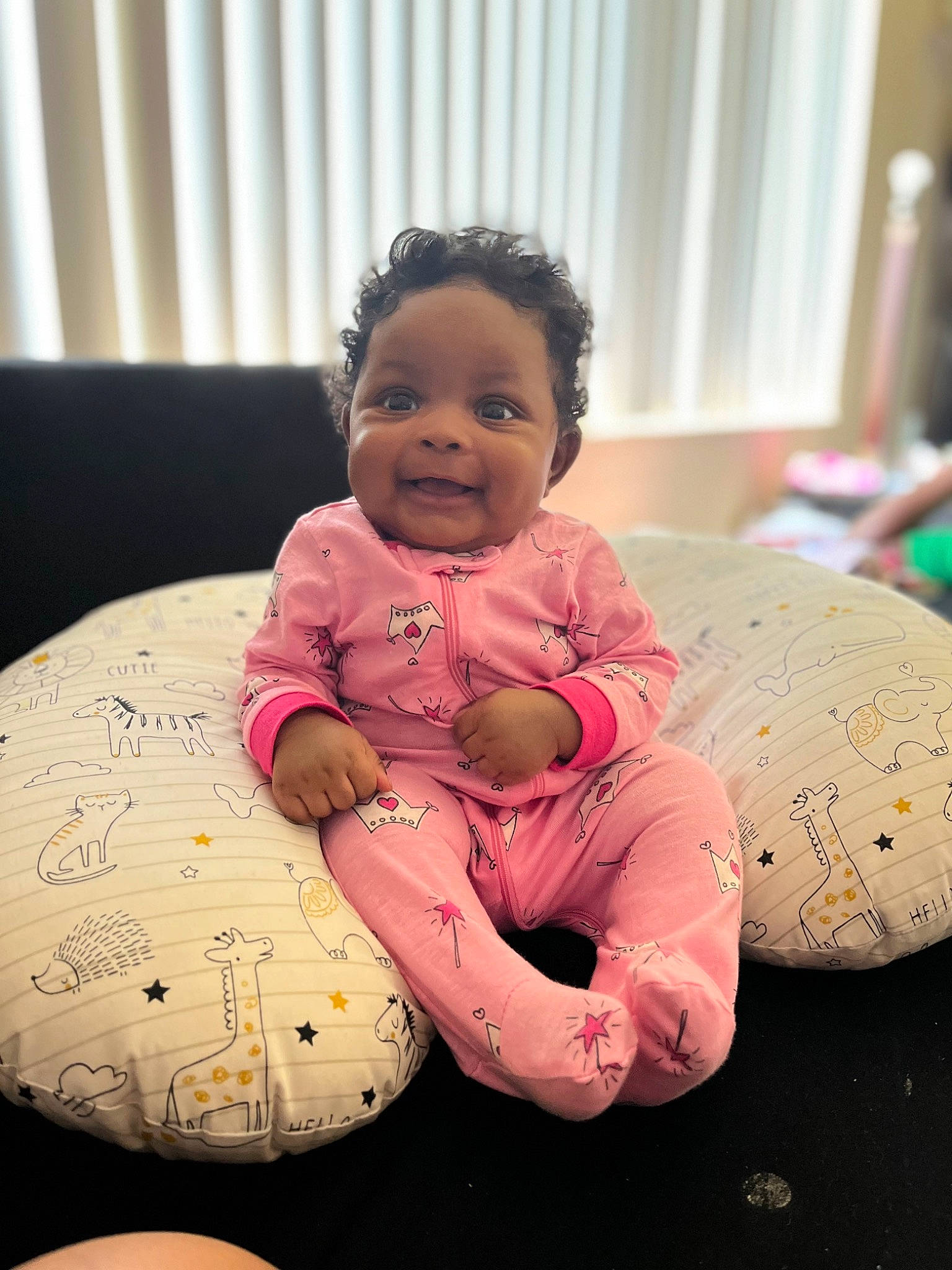Brooklyn joined the competition — help win amazing prizes! baby, baby_toddler_clothing, cheek, child, comfort, eye, face, floor, flooring, fun, happy, head, human_body, joy, linens, person, pink, skin, smile, toddler