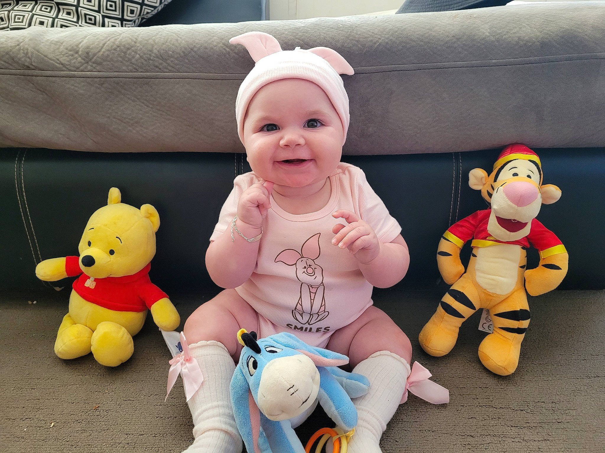 Honey joined the competition — help win amazing prizes! baby, baby_products, baby_toddler_clothing, baby_toys, cheek, child, comfort, facial_expression, finger, gesture, happy, head, headwear, joy, person, pink, product, skin, smile, textile