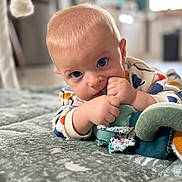 émile participe au concours pour gagner de l'argent avec cette photo : baby, infant, child, blue_eyes, plush_toy, blanket, indoors, home, soft_toy, curious, crawling, patterned_blanket, baby_clothing, close_up, cute, floor, head, hands, chewing, person