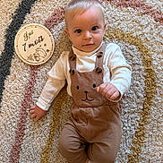 émile a rejoint le concours — aidez-le/la à gagner de superbes lots ! baby, brown_clothing, carpet, child, cute, eyes, face, floor, hand, indoors, infant, milestone, overalls, person, portrait, rug, text, toddler, white_socks, wooden_sign