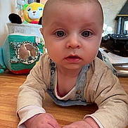 Jules participe au concours pour gagner de l'argent avec cette photo : baby, infant, child, floor, wooden_floor, hands, face, eyes, toy, plush_toy, indoor, home, curious, clothing, long_sleeve, overalls, portrait, crawling, person, cute