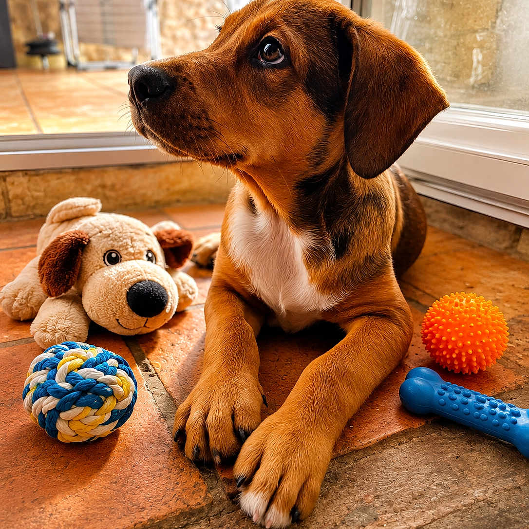 Nino participe au concours pour gagner de l'argent avec cette photo : puppy, dog, toy, plush_toy, rope_ball, rubber_bone, orange_ball, floor, tile, window, sunlight, indoor, pet, animal, cute, brown_dog, looking_up, paws, closeup, young_dog