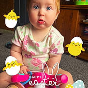Brielle joined the competition — help win amazing prizes! baby, child, toy, doll, easter, sticker, blue_eyes, pink, indoor, carpet, furniture, door, cute, sitting, smiling, holiday, celebration, playtime, person, floor