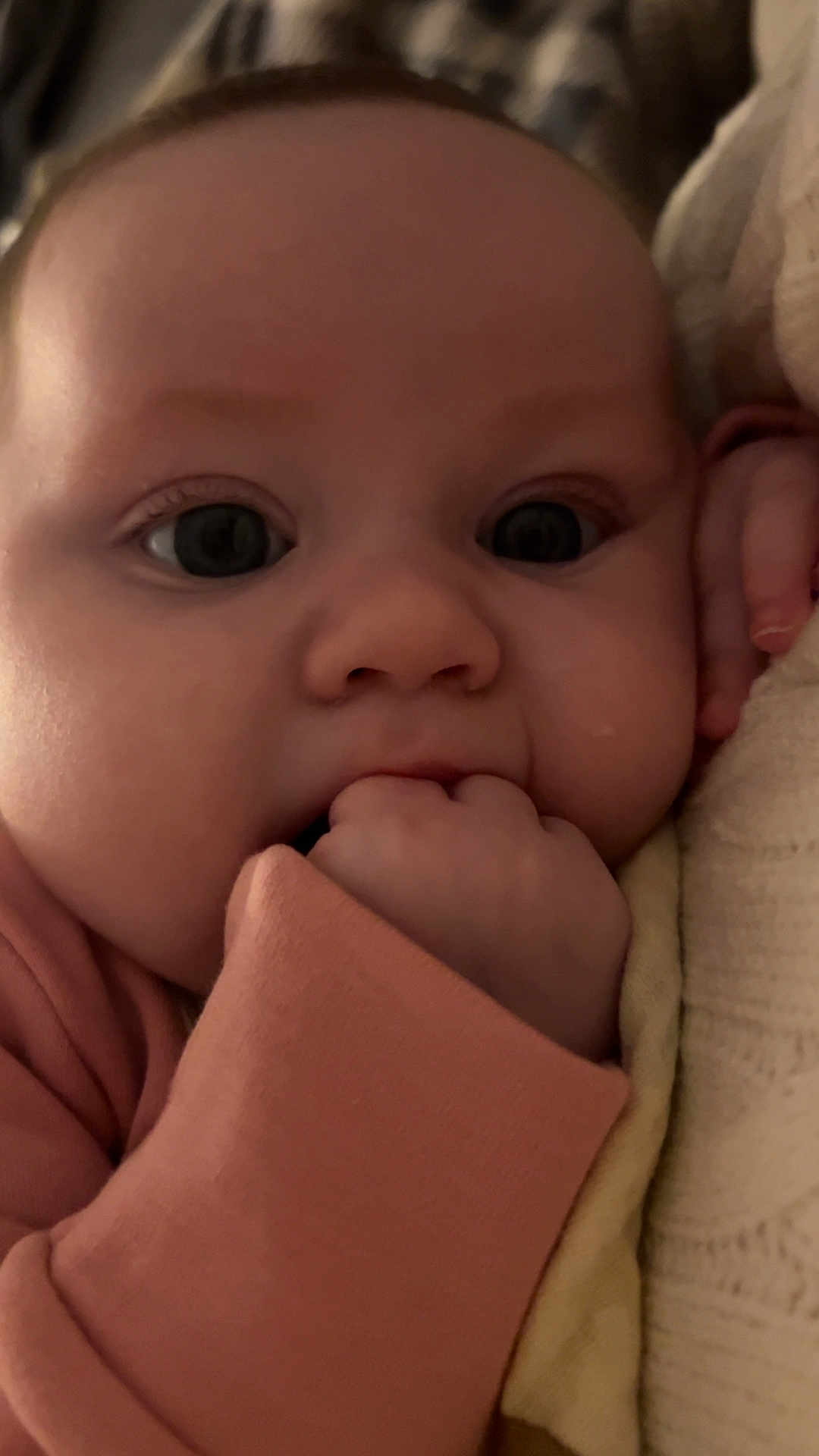 Ivy joined the competition — help win amazing prizes! baby, closeup, face, hand, infant, sucking, eyes, skin, fingers, cozy, blanket, clothing, cute, child, portrait, soft, warm, newborn, expression, sleepy