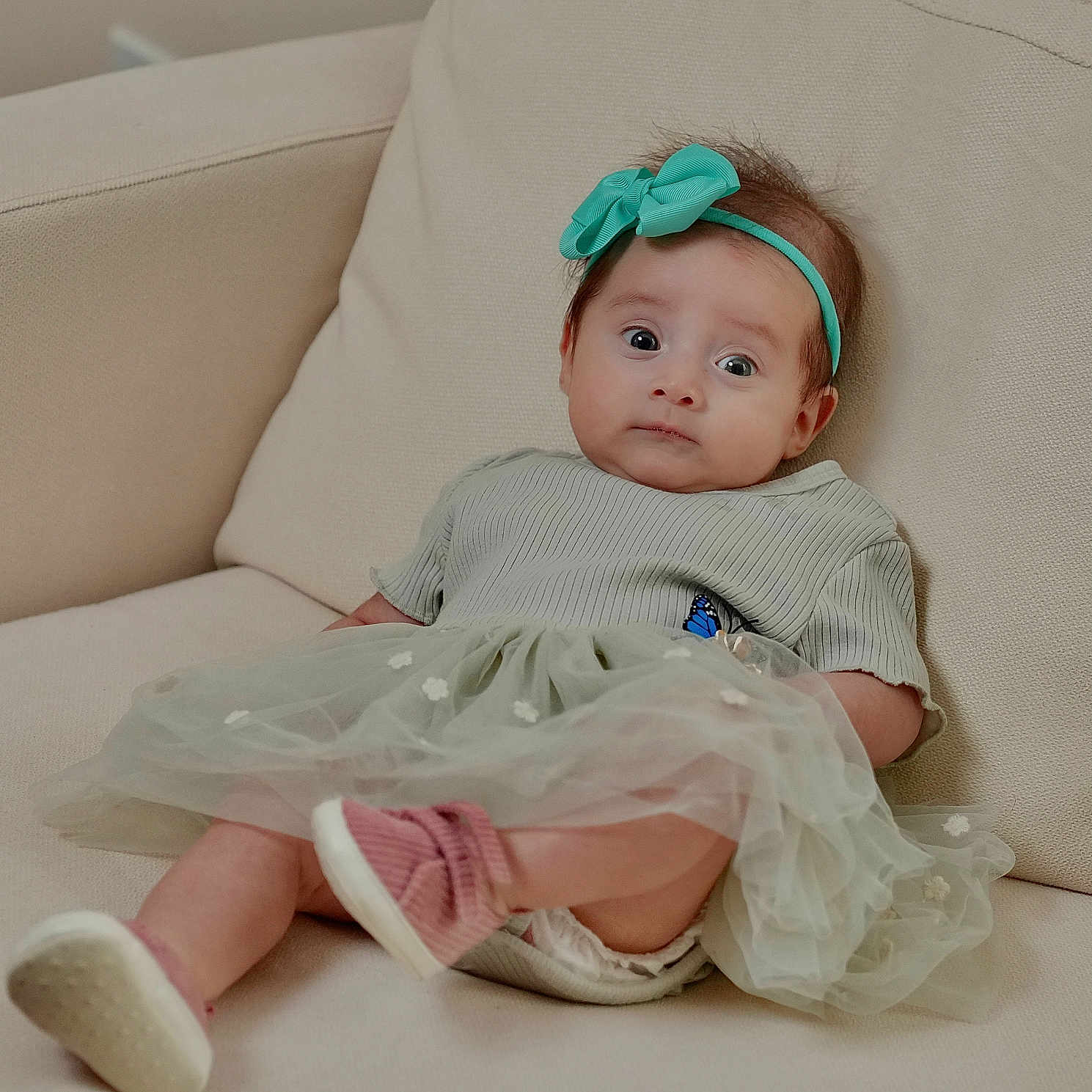 Hillary is registered to the contest to win money with this photo: baby, bow, child, clothing, couch, curious_expression, cute, face, furniture, headband, indoor, infant, person, pink_socks, portrait, sitting, soft_lighting, tulle_skirt, white_shoes, young_child