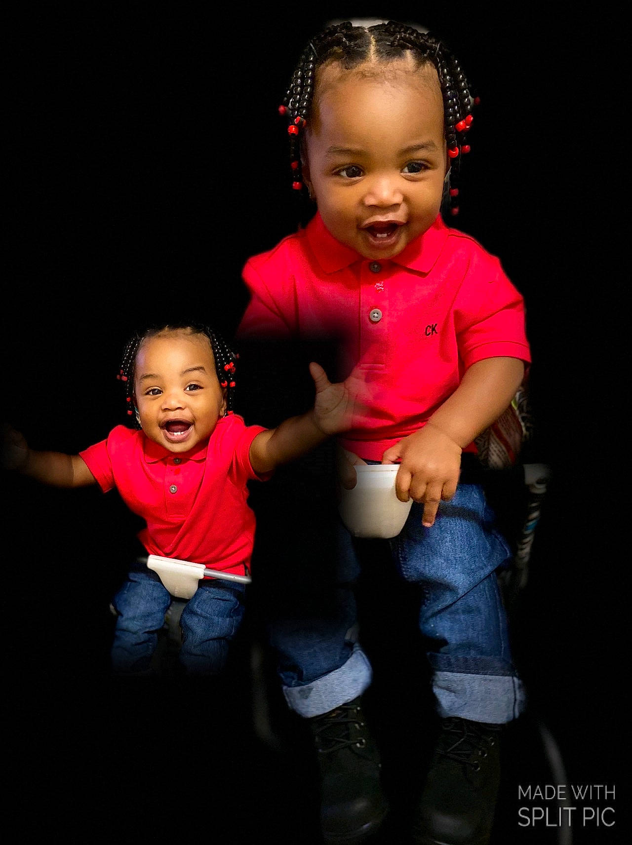 Maurice is registered to the contest to win money with this photo: baby_toddler_clothing, cheek, child, darkness, entertainment, event, face, flash_photography, fun, gesture, happy, jeans, jewellery, lip, magenta, person, skin, sleeve, smile, t_shirt