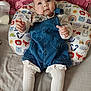 baby, infant, child, denim_overalls, white_tights, pillow, animal_pattern, bottle, bed, blanket, cute, portrait, indoors, clothing, baby_bottle, resting, toddler, head, face, expression