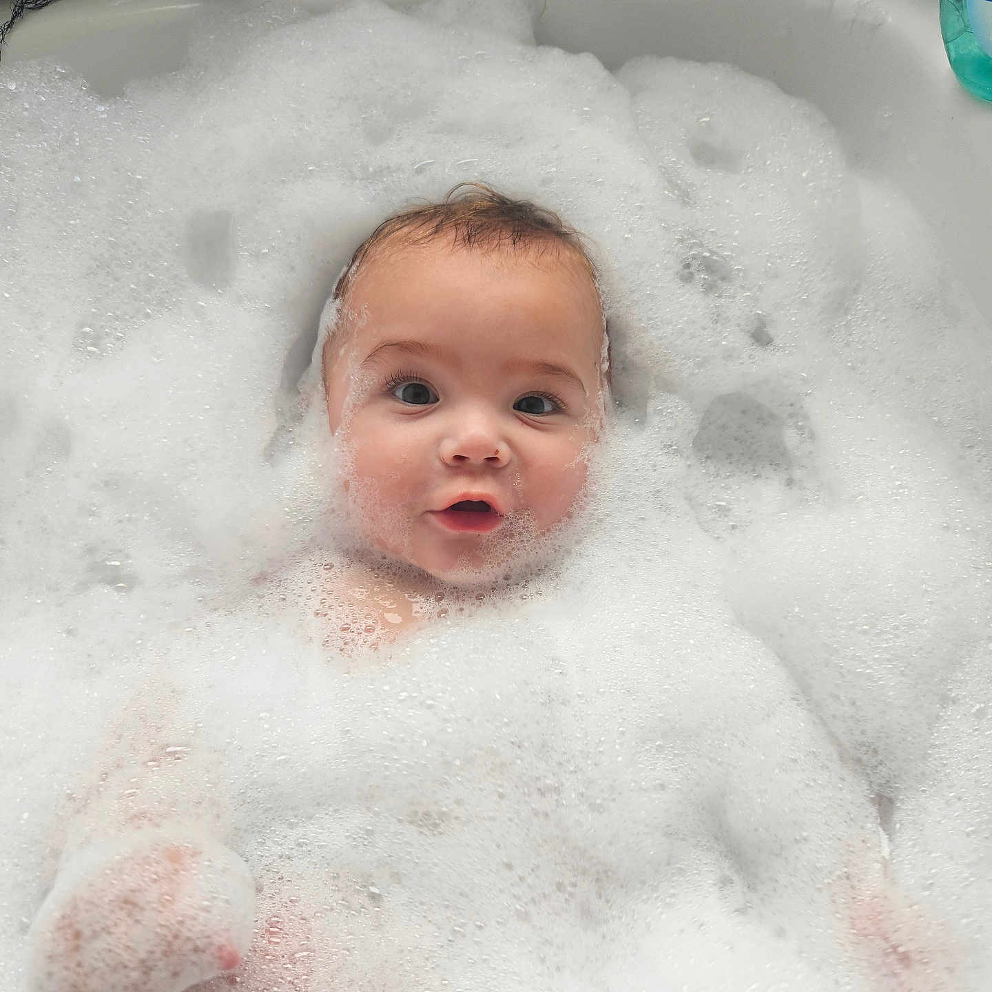 Theo-John is registered to the contest to win money with this photo: baby, bath, bathtub, bubbles, child, cleaning, cute, expression, face, foam, happy, head, pink, shampoo, sink, skin, soap, toddler, washcloth, water