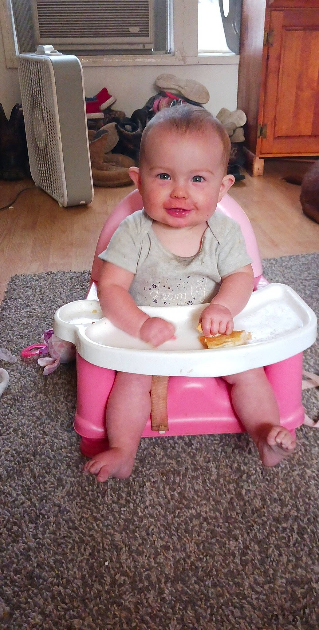 Serenity joined the competition — help win amazing prizes! baby, baby_toddler_clothing, barefoot, chair, child, dress, face, floor, flooring, fun, happy, head, human_body, joy, knee, people, person, pink, skin, smile