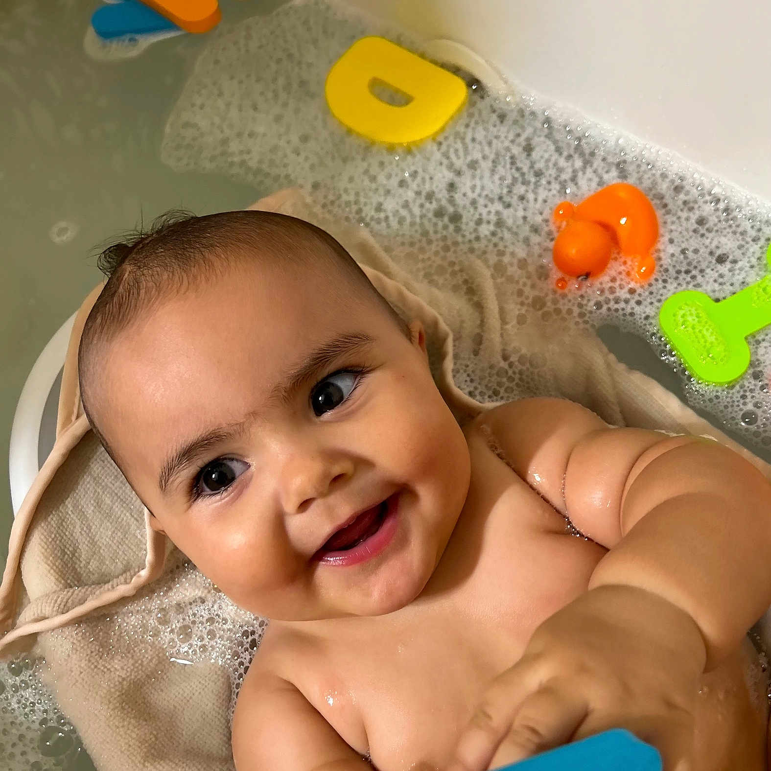 Brielle joined the competition — help win amazing prizes! baby, babylaughing, bathing, bathtub, face, happy, head, person, photography, portrait, smile, tub