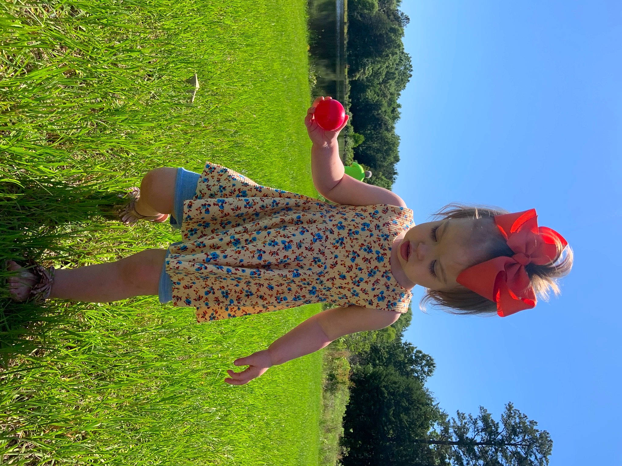 Tinsley joined the competition — help win amazing prizes! arm, fun, grass, grassland, happy, human_leg, leisure, pattern, people_in_nature, person, plant, recreation, shrub, sky, spring, summer, sunlight, thigh, toddler, tree