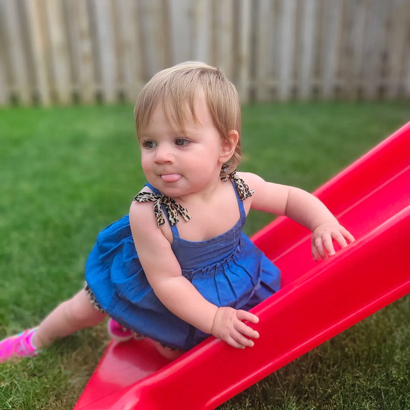 Elsie is registered to the contest to win money with this photo: baby, baby_toddler_clothing, child, chute, city, electric_blue, fun, grass, happy, leisure, magenta, outdoor_play_equipment, people_in_nature, person, plant, play, playground, recreation, sitting, toddler