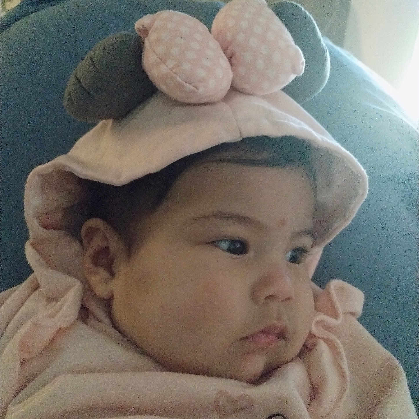 Aylany González is registered to the contest to win money with this photo: baby, calm, cheek, child, close_up, couch, curtain, eyes, fabric, face, hand, hood, indoor, infant, looking_right, pink_clothing, polka_dot, portrait, soft_toy, sweater