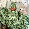 Elias joined the competition — help win amazing prizes! baby, blanket, hat, crib, stuffed_animal, plush_toy, green, knit, child, sleeping_area, quilt, face, infant, toy, fabric, cute, resting, soft, person, bed