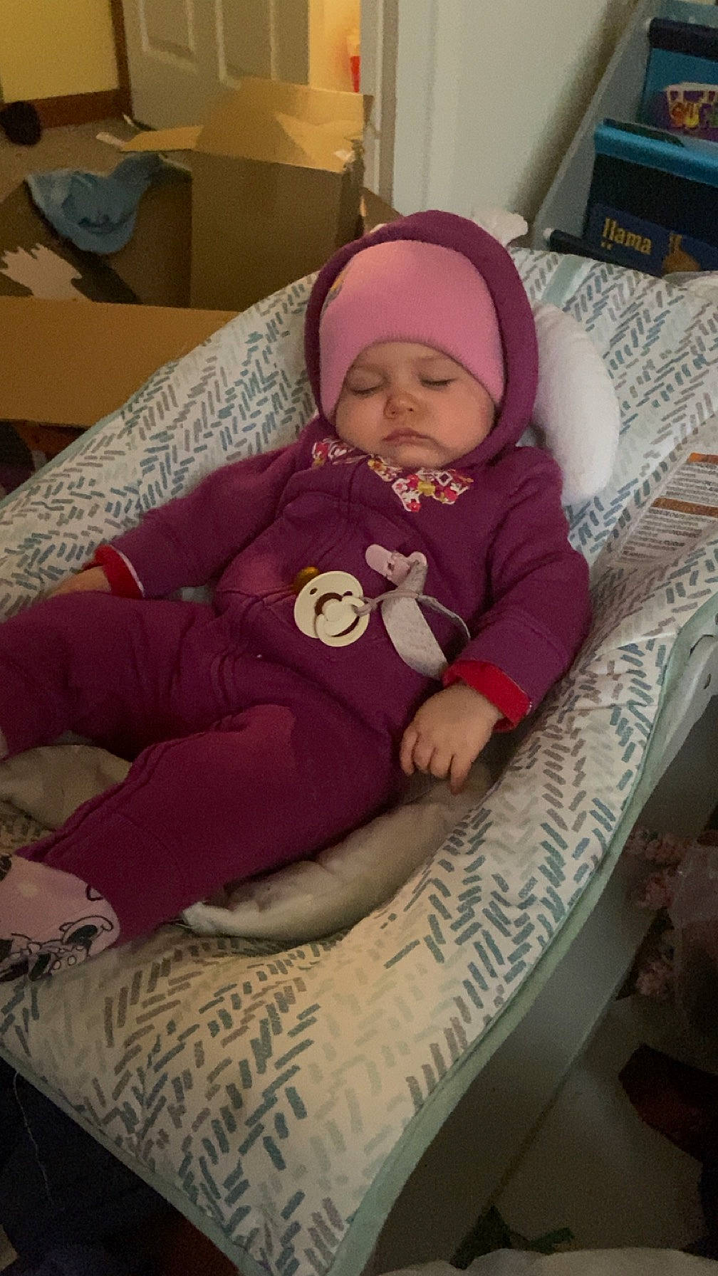 Aria joined the competition — help win amazing prizes! baby, baby_products, baby_toddler_clothing, cheek, child, comfort, headwear, human_body, knit_cap, lap, linens, magenta, outerwear, pattern, person, pink, purple, sitting, sleeve, toddler