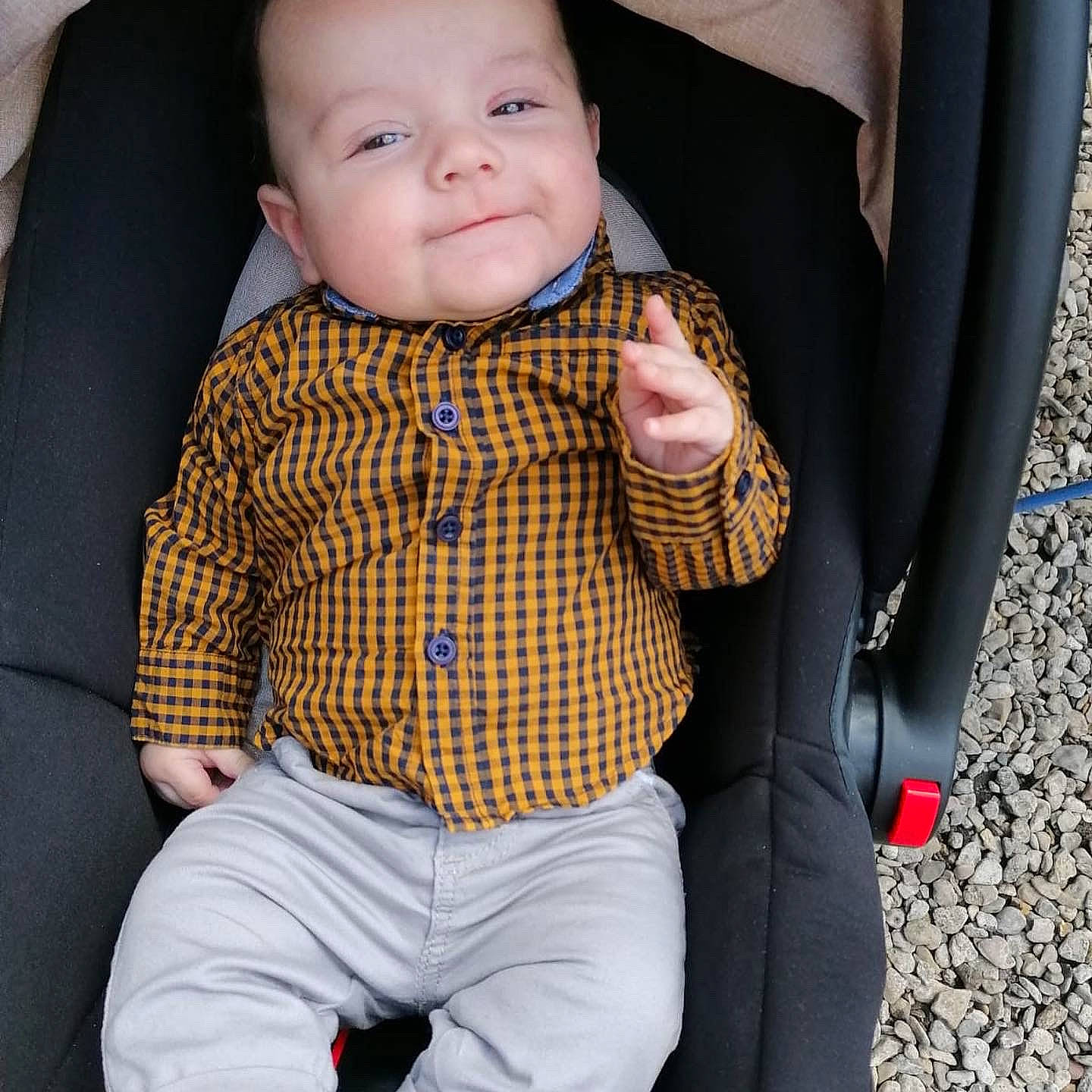 Andrei is registered to the contest to win money with this photo: baby, baby_toddler_clothing, collar, comfort, dress_shirt, face, facial_expression, gesture, grey, joint, outerwear, person, photograph, plaid, skin, sleeve, smile, standing, toddler, waist