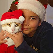 Simba a rejoint le concours — aidez-le/la à gagner de superbes lots ! cat, celebration, child, christmas, costume, cozy, cute, face, festive, hands, holiday, indoor, pet, portrait, red_clothing, reindeer_antlers, santa_hat, smile, together, warm_lighting
