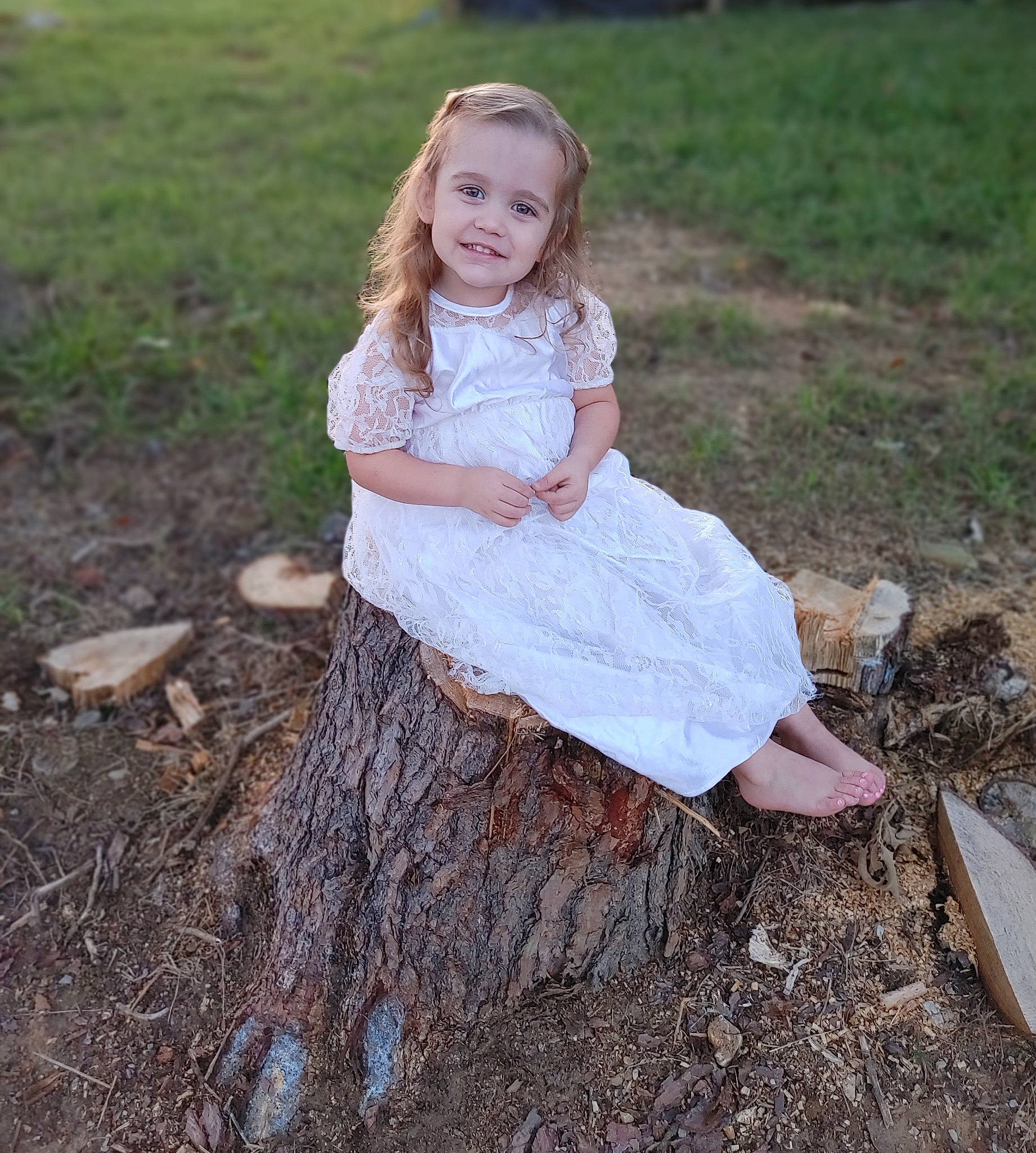 Lexi joined the competition — help win amazing prizes! blond, brown_hair, child, dress, eye, face, flash_photography, fun, grass, hair, happy, joy, people_in_nature, person, plant, sitting, smile, soil, toddler, tree