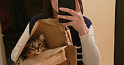 Rajah a rejoint le concours — aidez-le/la à gagner de superbes lots ! brown_cat, casual_clothing, cat, curious_cat, door, floor, glasses, holding, home, indoor, jeans, mirror, paper_bag, person, phone, reflection, selfie, shoes, striped_sweater_vest, wall