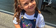 Arya a rejoint le concours — aidez-le/la à gagner de superbes lots ! child, girl, smile, outdoor, pigtails, denim_dress, white_shirt, curly_hair, sunlight, glass_window, reflection, concrete, casual_clothing, happy, portrait, young_child, fashion, daylight, cute, standing