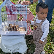 Liam is registered to the contest to win money with this photo: child, toddler, older_child, adult, birdcage, bird, outdoor, grass, garden, family, pet, animal, standing, floral_shirt, overalls, sneakers, sunlight, backyard, portrait, supervision
