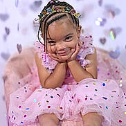 Romi joined the competition — help win amazing prizes! child, birthday, headband, braids, beads, pink_dress, tutu, confetti, hearts, smile, pose, celebration, cute, portrait, happy, sitting, young_girl, festive, colorful, party