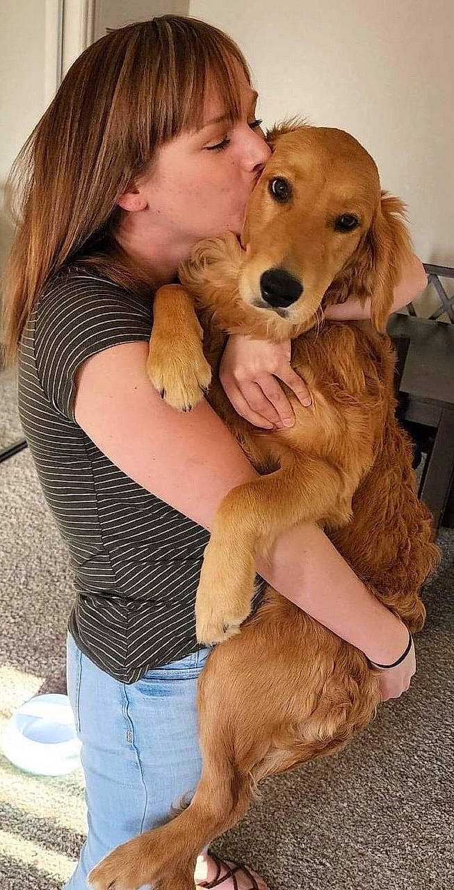 Dahlia joined the competition — help win amazing prizes! blond, brown_hair, canidae, carnivore, companion_dog, dog, dog_breed, dog_supply, ear, fawn, fun, fur, gesture, happy, kiss, puppy_love, selfie, snout, sporting_group, vertebrate