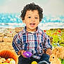 child, toddler, curly_hair, smiling, easter_eggs, basket, bunny, grass, outdoor, plaid_shirt, blue_jeans, spring, flower, stone_wall, nature, holiday, cute, happy, toy, play