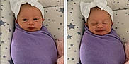Cali is registered to the contest to win money with this photo: baby, background, child, collage, cute, face, headband, indoors, infant, multiple_photos, newborn, portrait, puckered_lips, purple_blanket, sleepy, smiling, star_pattern, swaddled, white_bow, wrapped