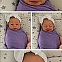 Cali is registered to the contest to win money with this photo: baby, infant, swaddled, purple_blanket, white_bow, headband, sleepy, smiling, puckered_lips, star_pattern, background, cute, portrait, newborn, collage, multiple_photos, child, face, wrapped, indoors