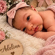 Adelina joined the competition — help win amazing prizes! newborn, baby, infant, portrait, lying_down, wide_eyed, headband, pink, flowers, teddy_bear, blanket, fluffy, wooden_sign, name_plaque, heart, nursery, cozy, close_up, photography, adorable