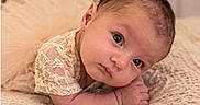 Adelina joined the competition — help win amazing prizes! baby, infant, child, portrait, lying_down, tummy_time, blanket, bed, knitted_blanket, lace_clothing, brown_hair, blue_eyes, face, eyes, indoor, cozy, home, soft_lighting, cute, photography