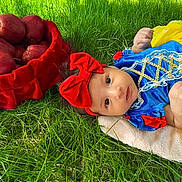 Sia is registered to the contest to win money with this photo: baby, child, grass, apples, basket, red_bow, headband, yellow_skirt, blue_top, costume, outdoor, nature, portrait, infant, cute, soft_blanket, greenery, colorful, young_child, lying_down