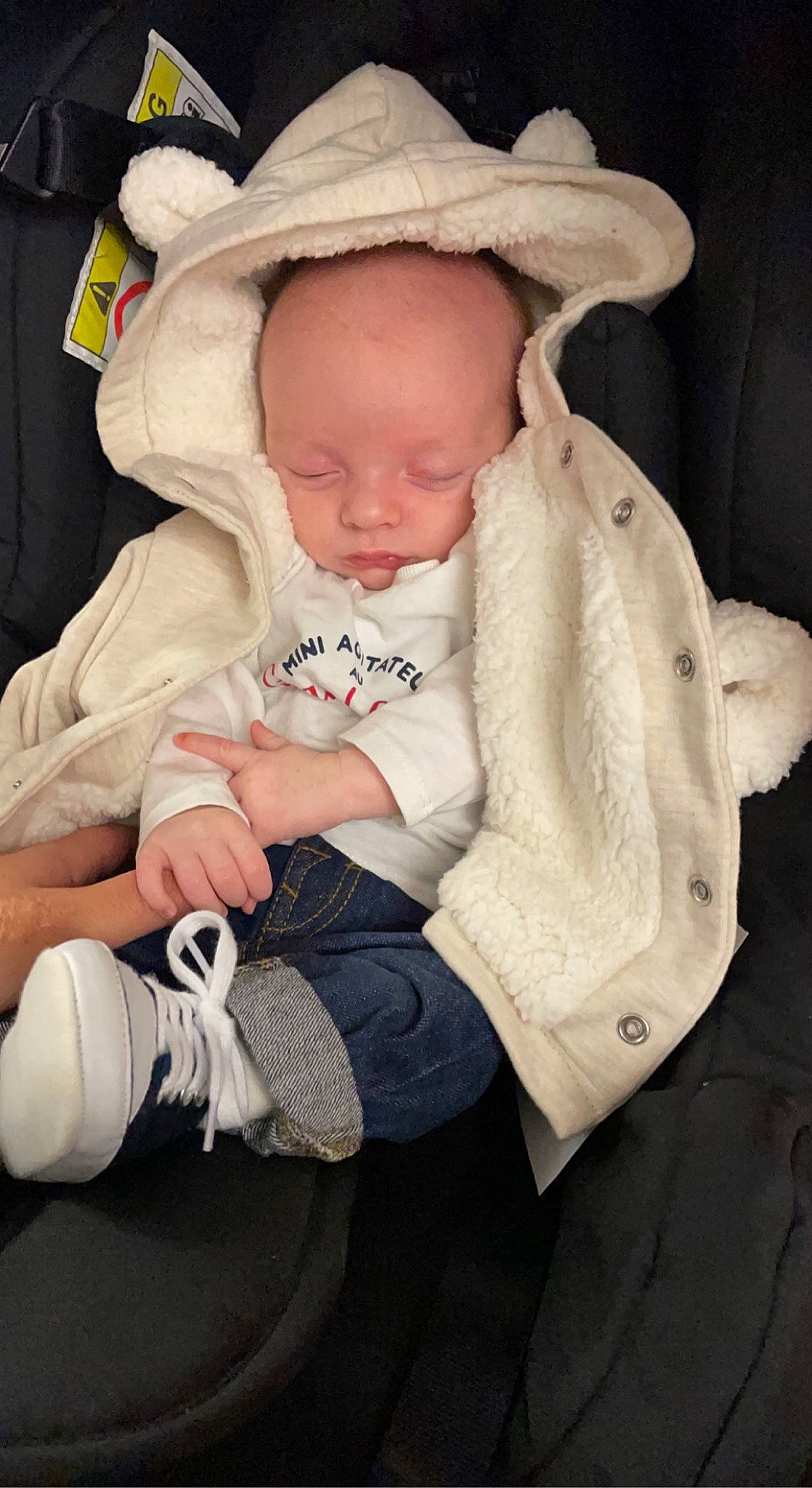 Mateo participe au concours pour gagner de l'argent avec cette photo : baby, baby_products, baby_safety, baby_sleeping, baby_toddler_clothing, beanie, cap, cheek, child, comfort, fur, hat, lap, person, sitting, skin, sleeve, sock, sun_hat, toddler