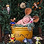 baby, sleeping, mouse_ears, yellow_pot, hunny_label, plush_toys, winnie_the_pooh, piglet, tigger, eeyore, rabbit, pinecones, greenery, forest_theme, wood_background, soft_texture, cute, child, portrait, decor
