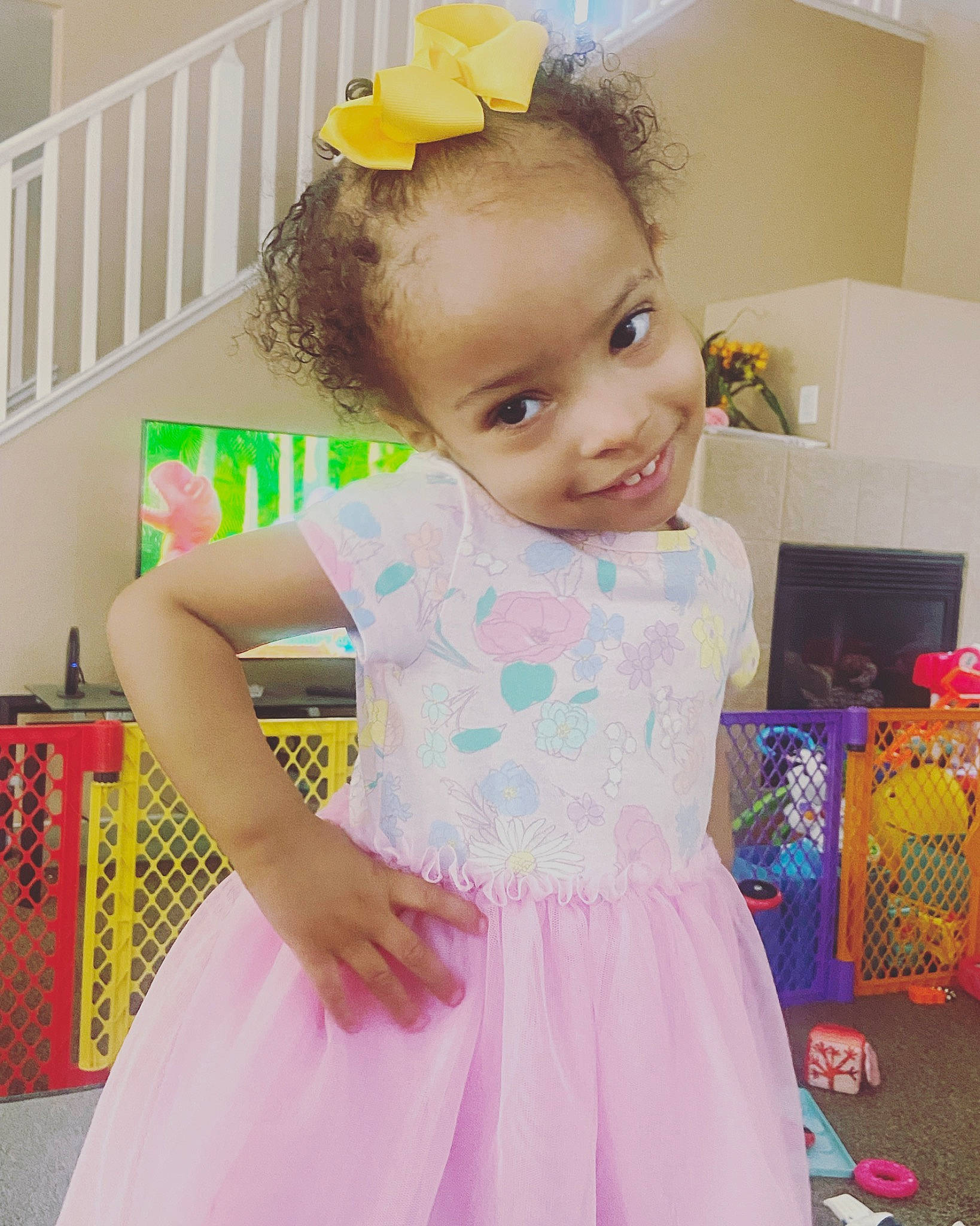 Avyana joined the competition — help win amazing prizes! baby_toddler_clothing, day_dress, dress, facial_expression, fun, hairstyle, happy, home_appliance, joy, neck, one_piece_garment, person, pink, product, sleeve, smile, standing, television, toddler, waist