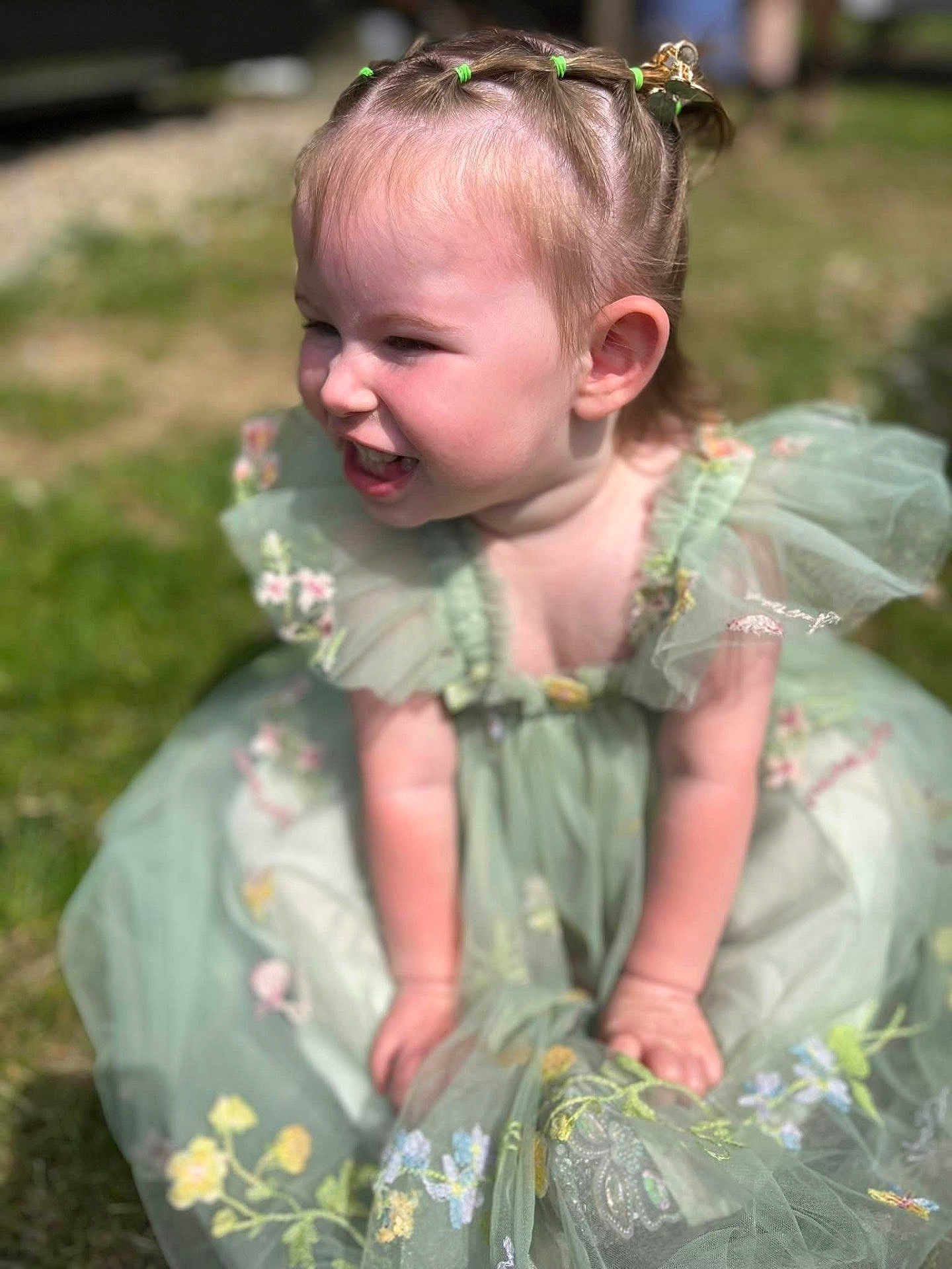 Brooklynn is registered to the contest to win money with this photo: toddler, child, smiling, outdoor, grass, green_dress, braided_hair, sunlight, happy, cute, flower_embroidery, baby, person, portrait, daylight, nature, small_hands, young_child, playful, cheerful