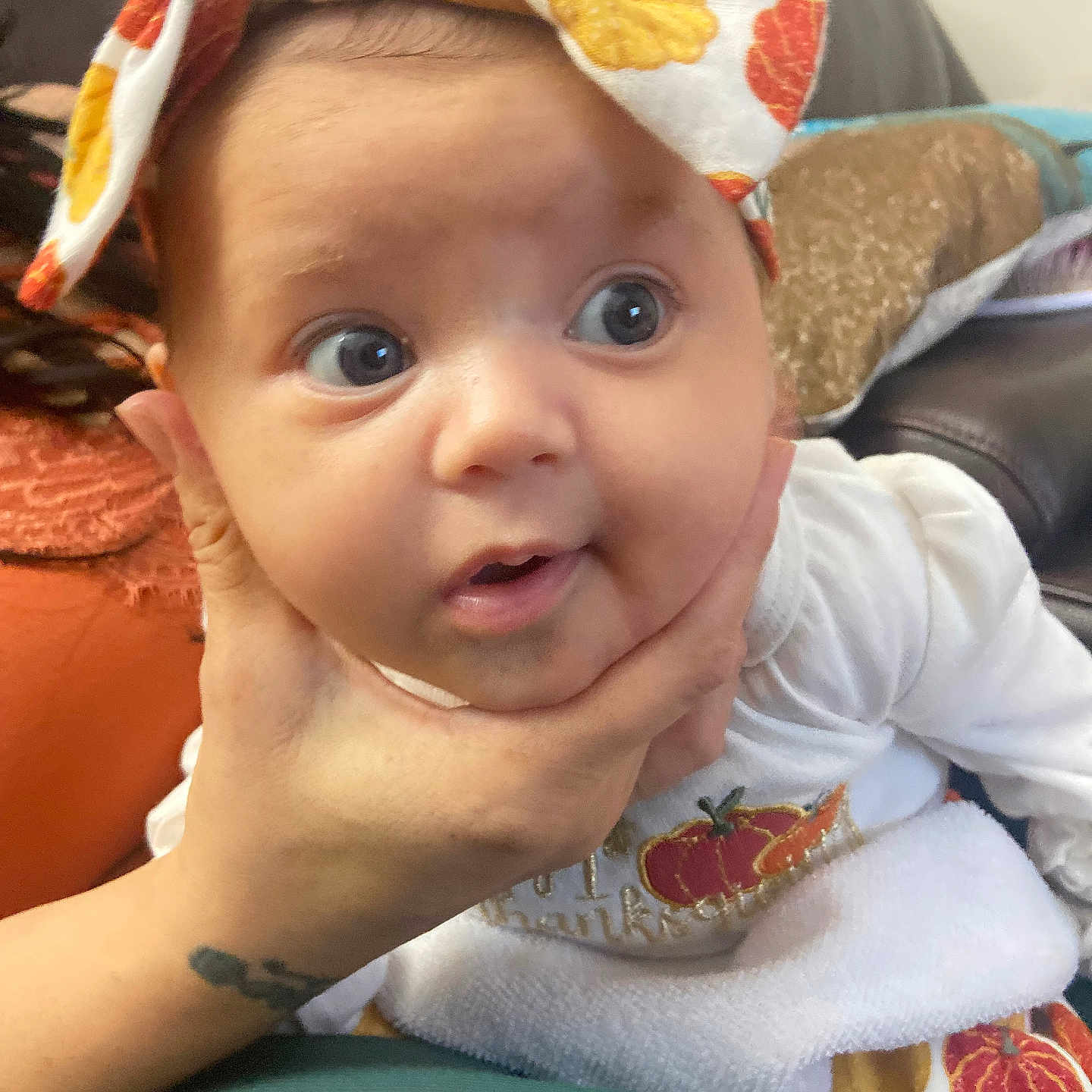 Abiagil joined the competition — help win amazing prizes! autumn, baby, child, clothing, couch, curious, cute, expression, face, festive, hand, headband, holding, indoor, infant, person, pillow, portrait, pumpkin, wide_eyes