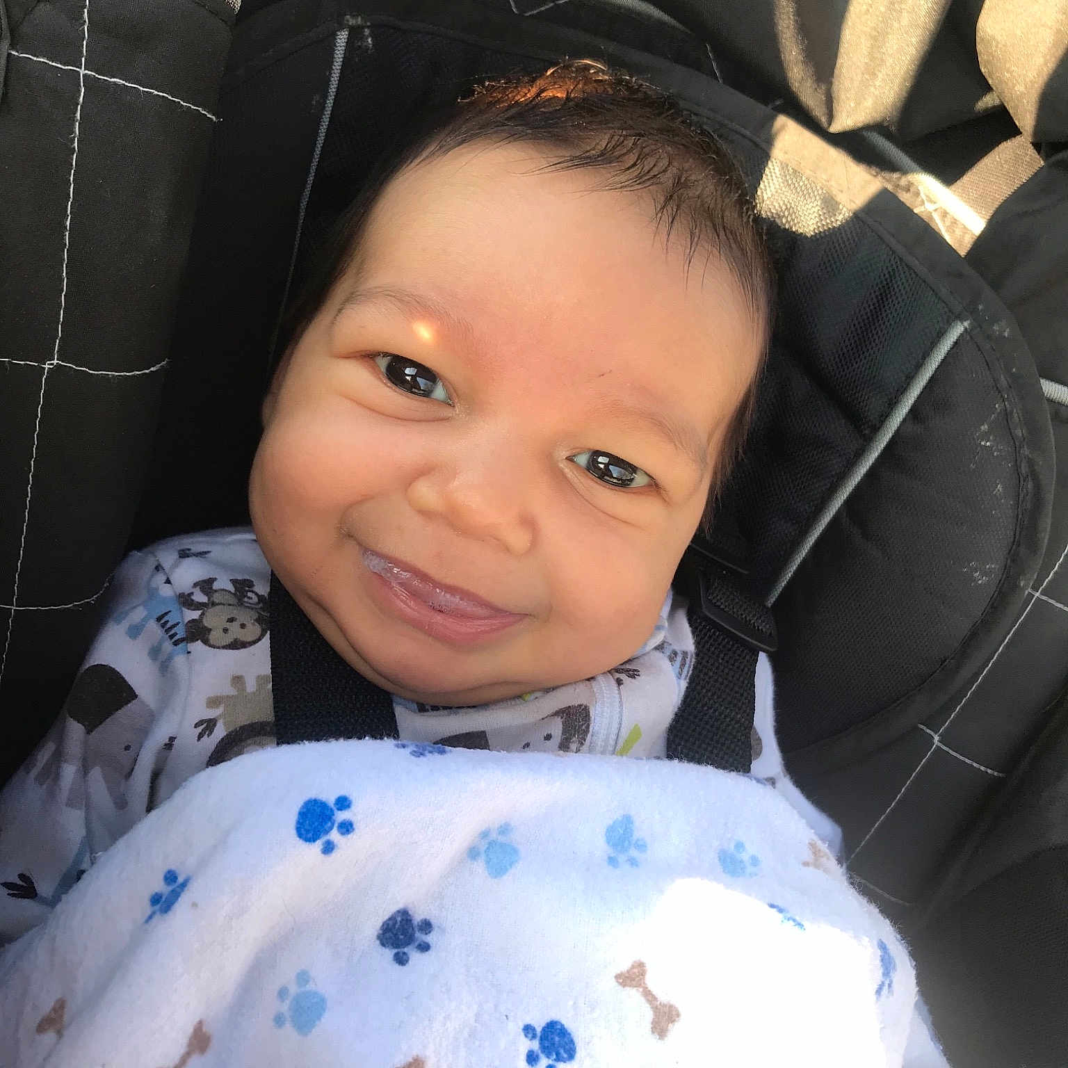 Deandre is registered to the contest to win money with this photo: baby, black_hair, car_seat, cheek, child, chin, eye, face, forehead, head, lip, mouth, nose, person, skin, smile, toddler