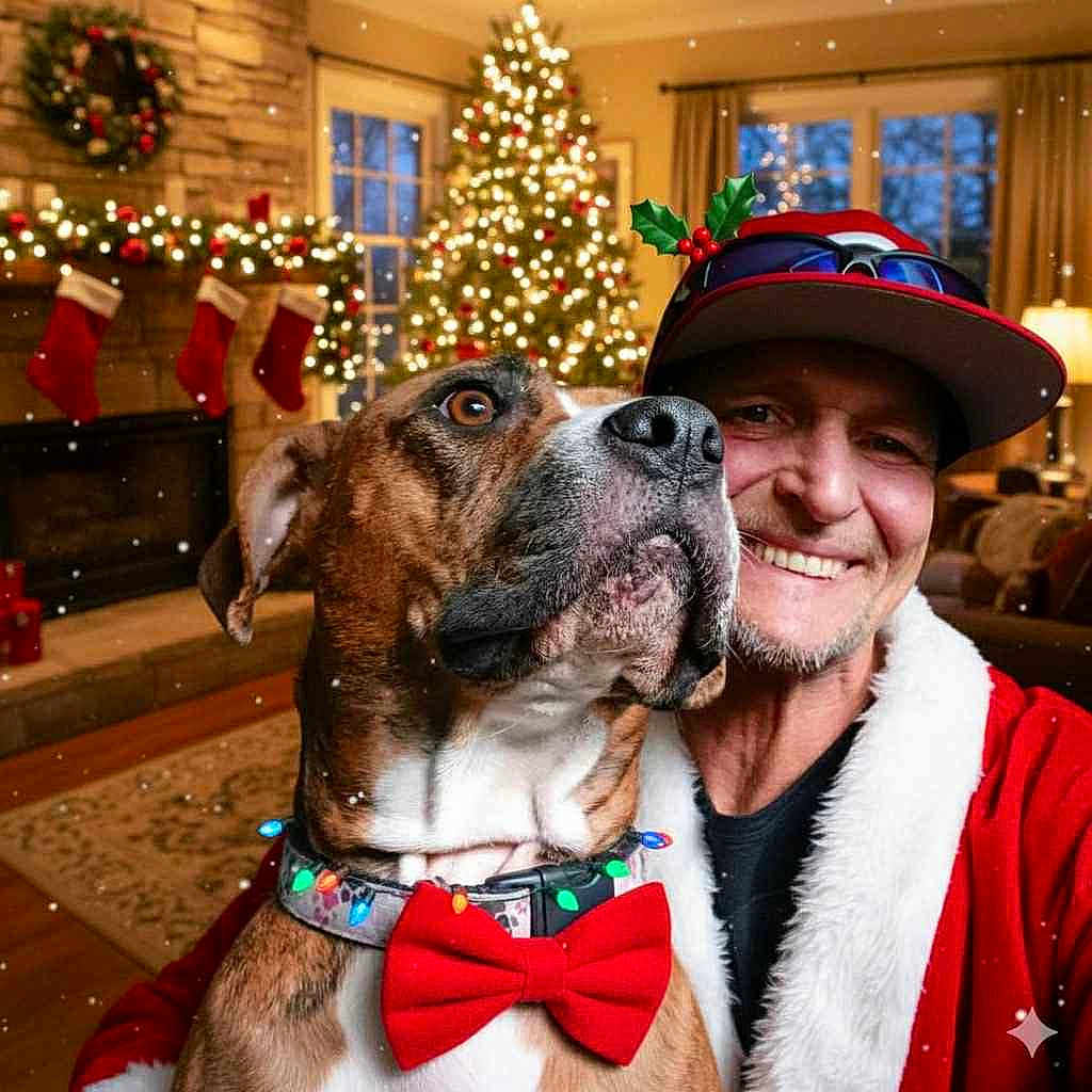 Coco joined the competition — help win amazing prizes! bow_tie, celebration, christmas, christmas_tree, collar, decorations, dog, festive, hat, holiday, indoor, lights, living_room, man, pet, portrait, smile, stockings, warm_lighting, wreath