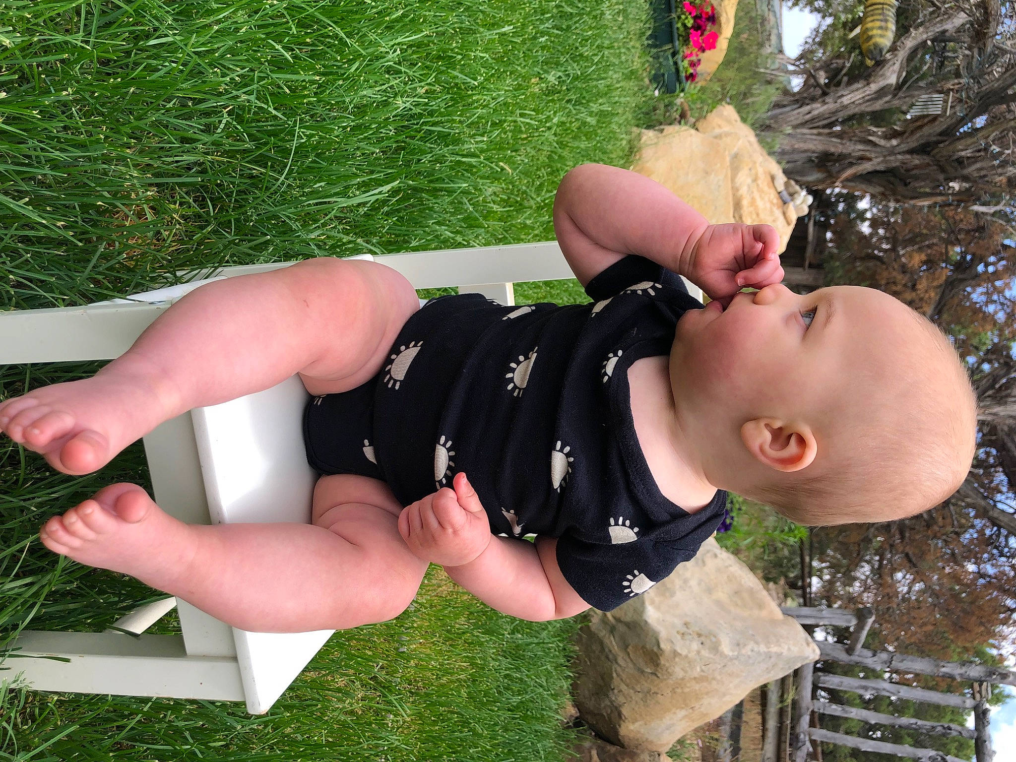 Caspian is registered to the contest to win money with this photo: baby, baby_toddler_clothing, child, eyewear, fashion_accessory, fun, grass, green, happy, human_leg, knee, leisure, people_in_nature, person, personal_protective_equipment, plant, recreation, sitting, thigh, toddler
