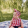 baby, child, infant, sitting, outdoor, portrait, smiling, gingham, dress, headband, bow, quilt, blanket, grass, trees, willow, park, daylight, patriotic, photography