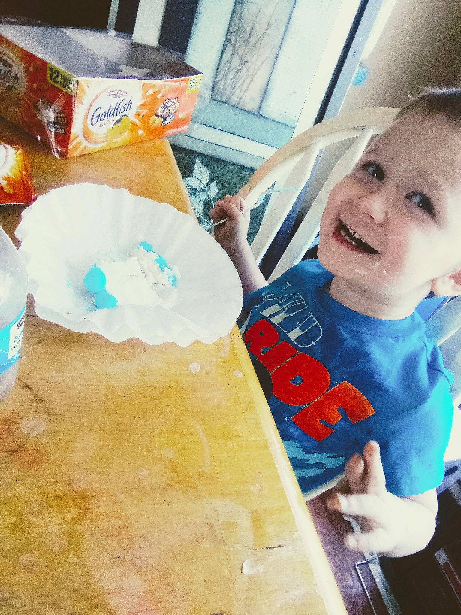 Matthew Jr is registered to the contest to win money with this photo: art, baby, baby_toddler_clothing, child, comfort_food, flooring, fun, happy, ingredient, joy, leisure, paint, person, room, sleeve, smile, t_shirt, table, textile, toddler